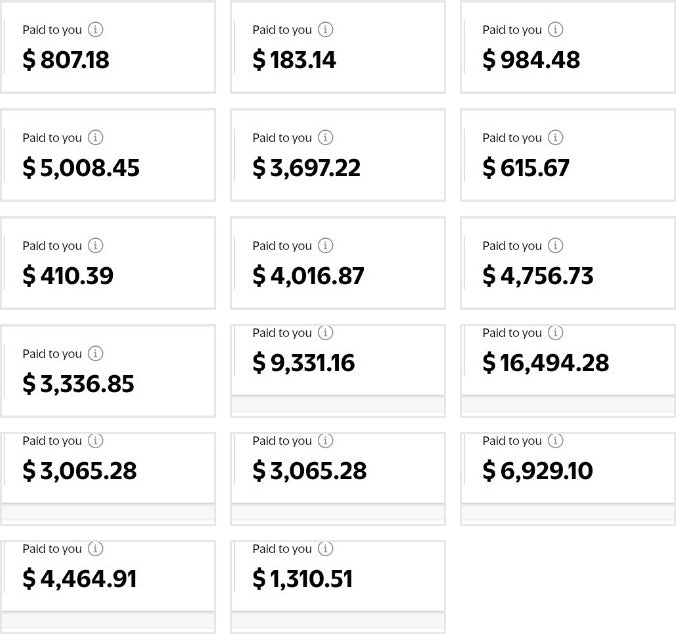 Selected historical Walmart Marketplace Paid to you statement amounts